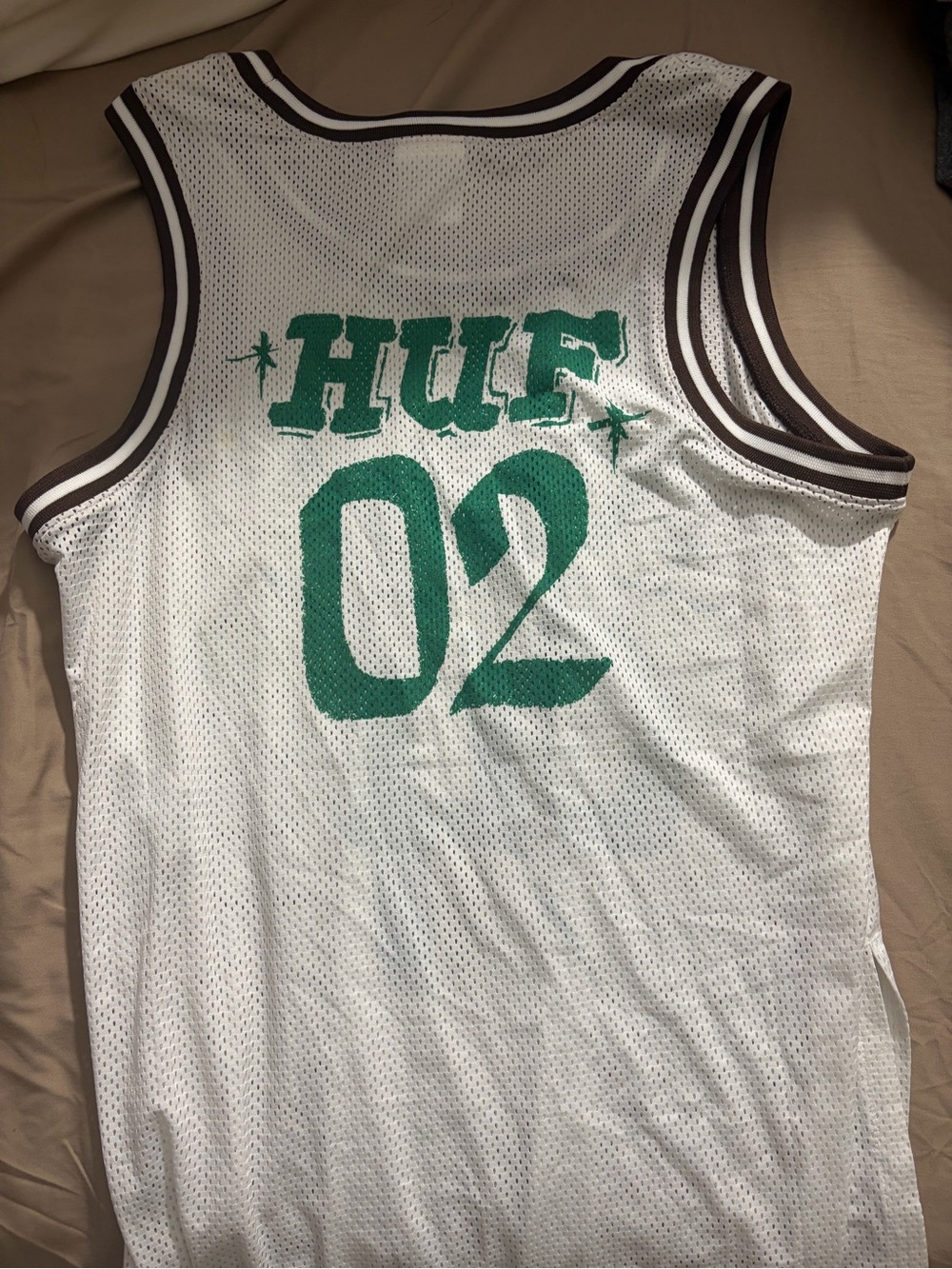 HUF White Mesh Jersey with Green Logo and Brown Trim